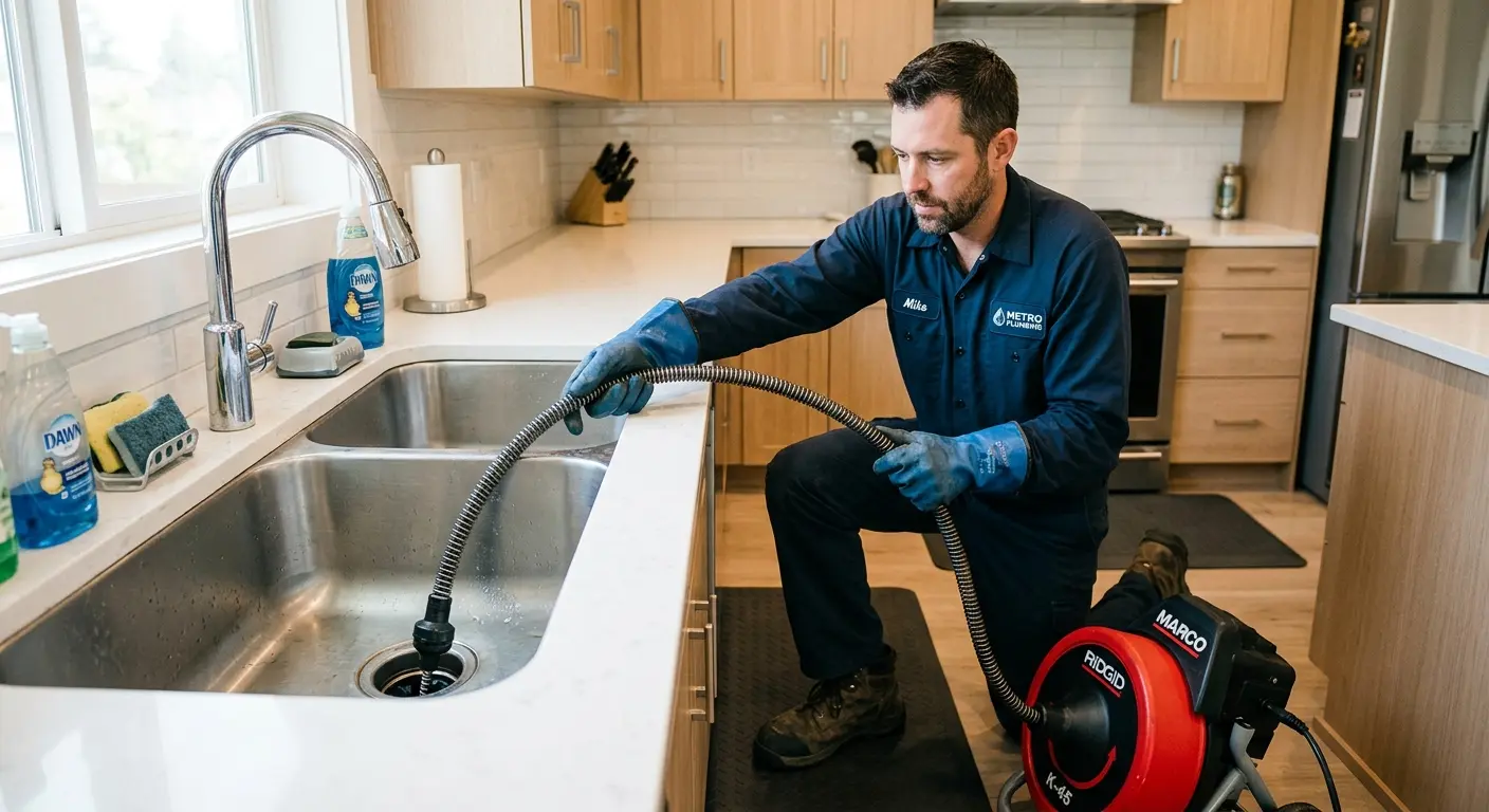 Drain cleaning technician using a motorized snake on a kitchen sink in Telford