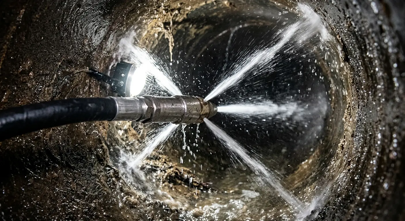 High-pressure hydro jetting nozzle cleaning sewer pipe for Sewer Cleanout in Telford