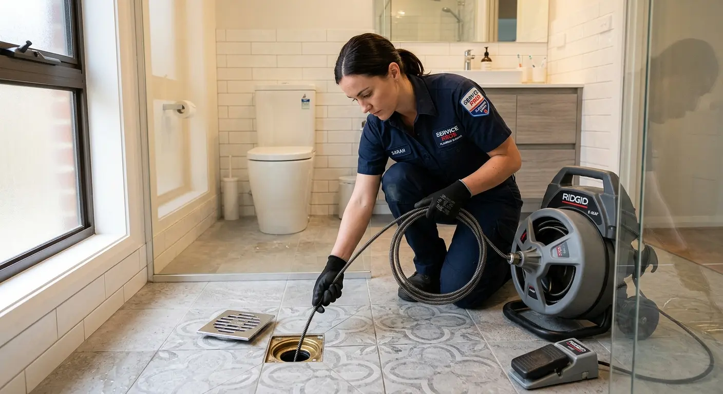 Technician clearing a bathroom floor drain for Sewer Line Replacement in Telford